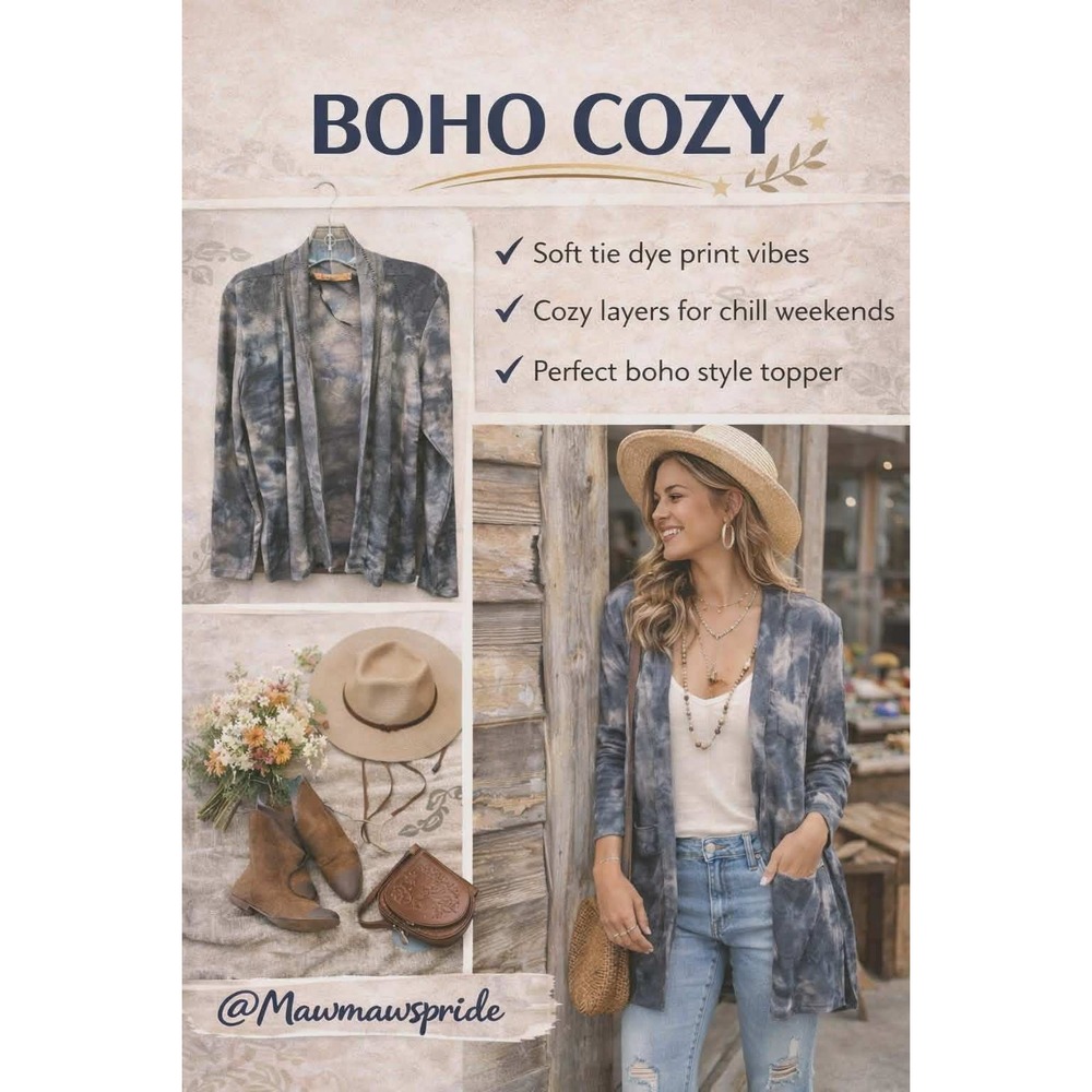 BOHO Belldini Duster‎ Cardigan Gray Tie Dye Open Front Textured Oversized  S